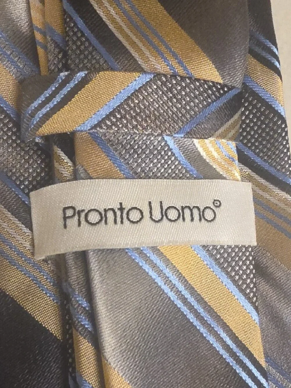 Pronto Uomo Silk Hand Made Gray Tie with Gold and Blue Stripes X Large 65 Inches